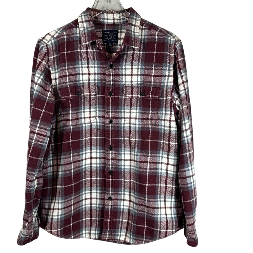 AMERICAN EAGLE Men's Medium Maroon/Grey Plaid Medium Weight Flannel Button Down